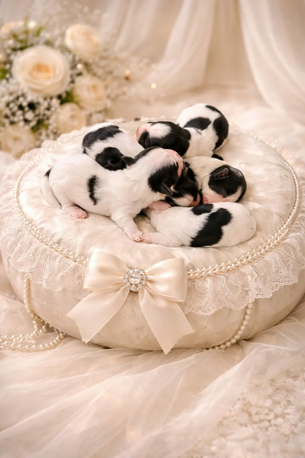 Pui nou-născuți Biewer Yorkshire, adormiți pe o pernă decorată cu perle și flori
