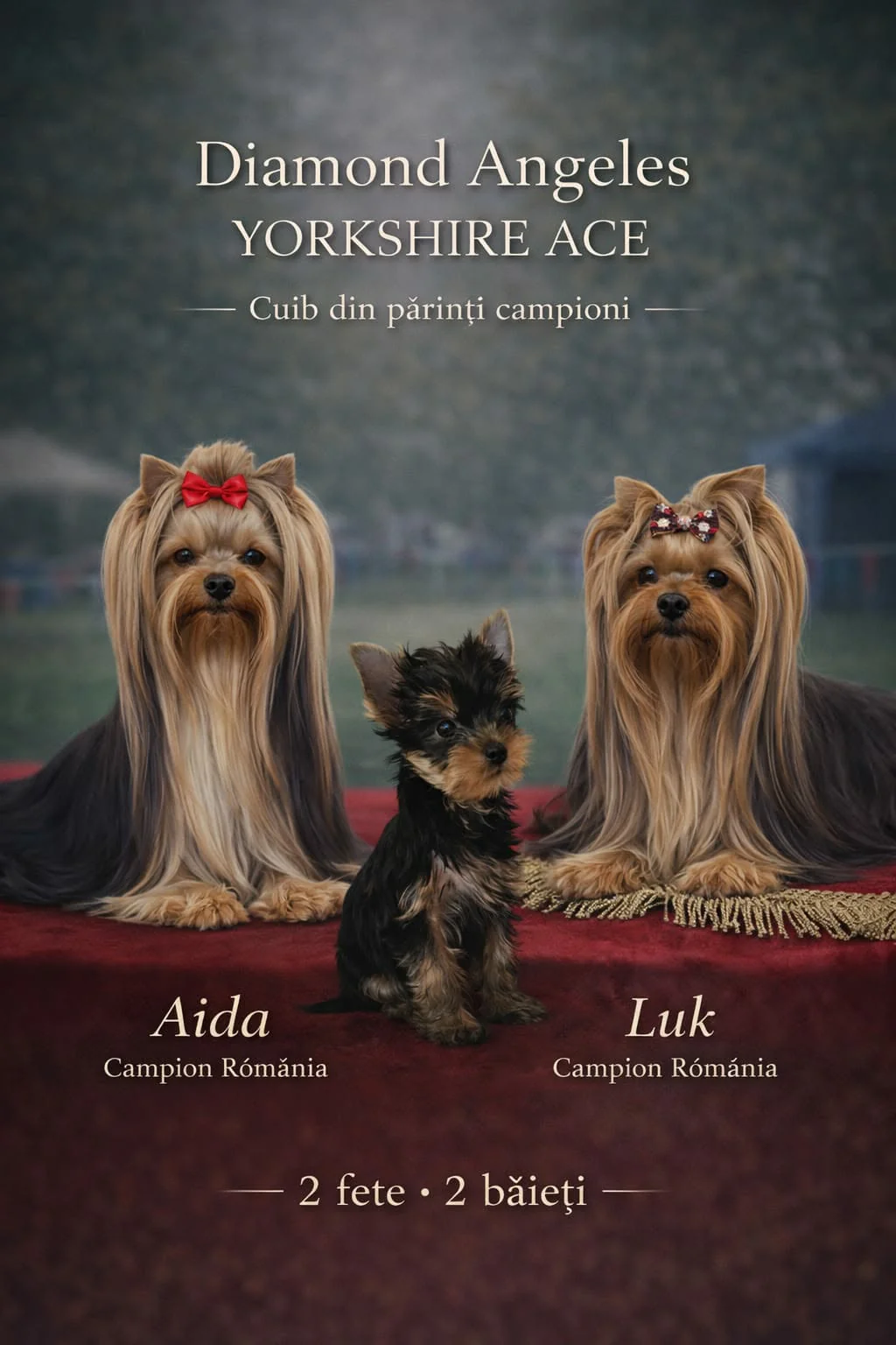 Afiș cu Yorkshire Terrier campioni Aida și Luk, părinții unei noi generații Diamond Angeles Yorkshire Ace