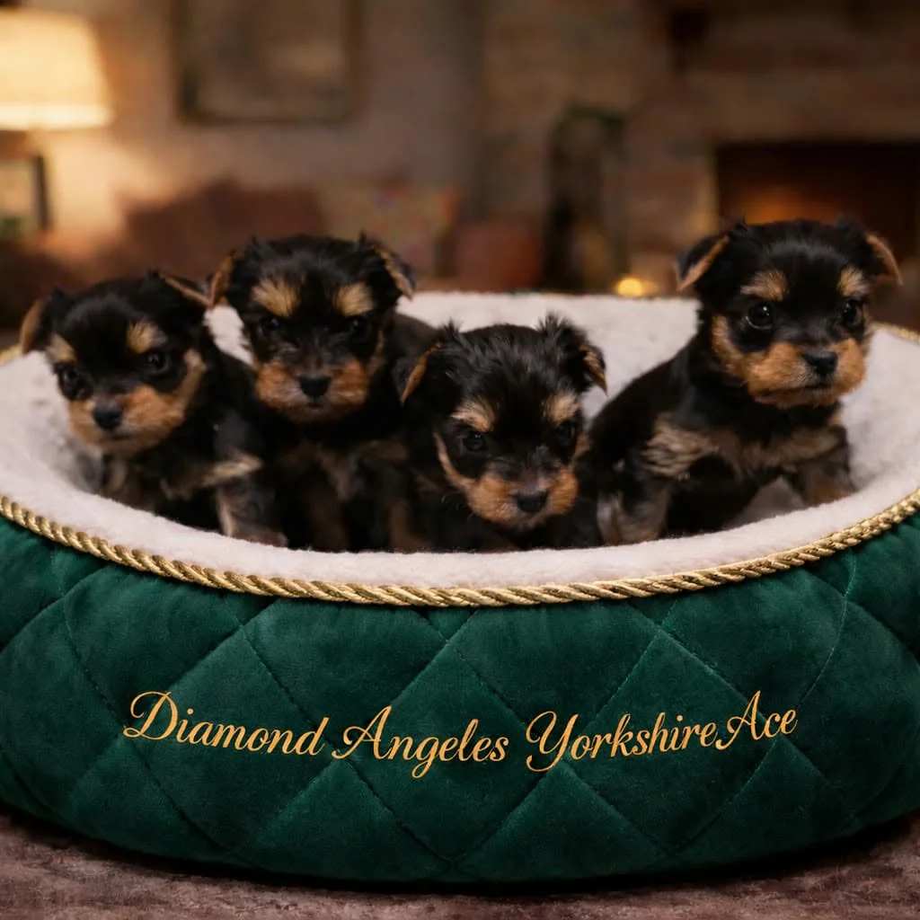 Patru pui Yorkshire Terrier într-un culcuș verde brodat Diamond Angeles Yorkshire Ace